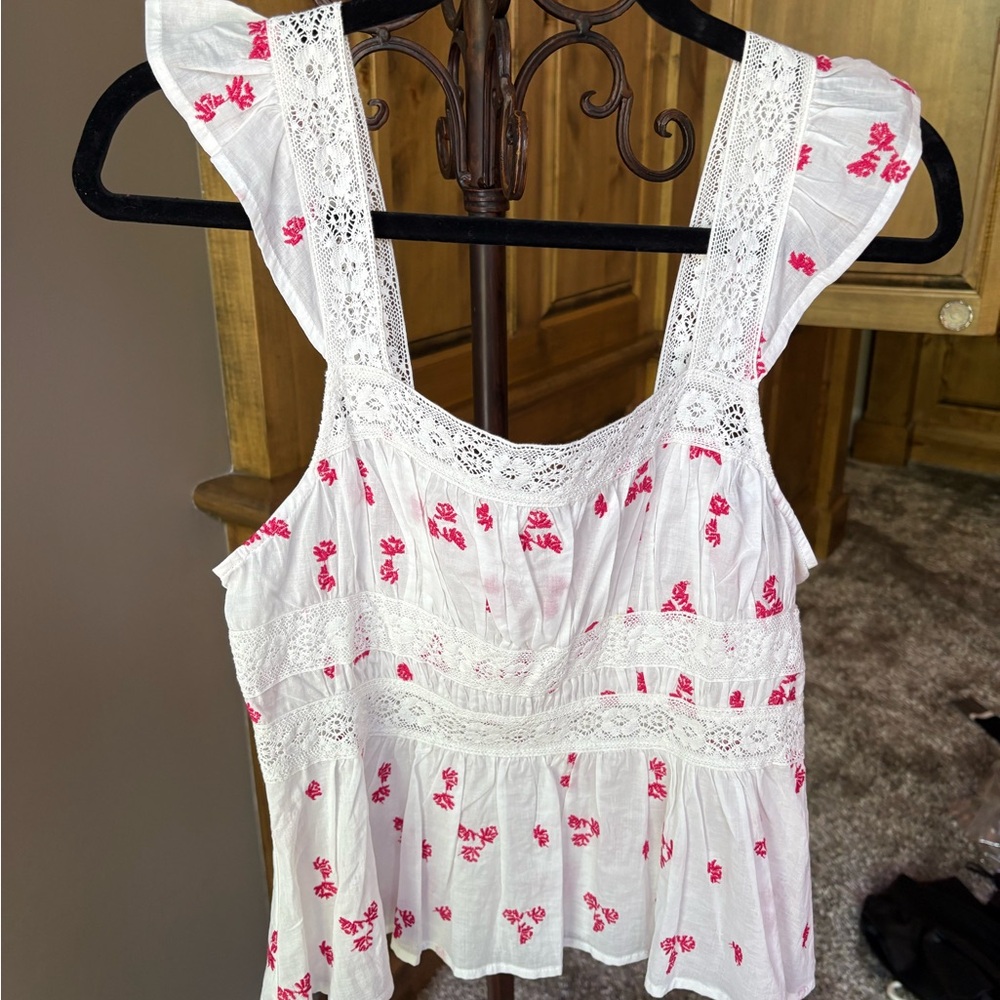 Free People Smocked Peplum Tank Top White Pink